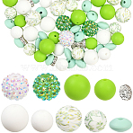 64Pcs Round & Rondelle Food Grade Eco-Friendly Silicone Beads, Focal Beads, Mixed Shapes, Green, 10~16x4~15mm, Hole: 2~2.5mm(SIL-SP0001-19B)