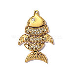 304 Stainless Steel with Crystal Rhinestone Pendants, Ion Plating(IP), Fish Charms, Mirror Polished Finish, Real 18K Gold Plated, 30x19mm, Hole: 1.2mm(RB-OY001-18G)