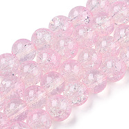 Transparent Crackle Baking Painted Glass Beads Strands, Imitation Opalite, Round, Pink, 8.5x7.5mm, Hole: 1.5mm, about 107~109pcs/strand, 30.71 inch~31.30 inch(78~79.5cm)(X1-DGLA-T003-01A-14)