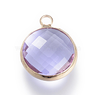 Glass Pendants, with Brass Findings, Faceted, Flat Round, Lilac, 9.5x6.5x2.5mm, Hole: 2mm(GLAA-S114-C-11)