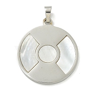 304 Stainless Steel Pave Natural Shell Pendants, Flat Round Charms, Stainless Steel Color, 34x29.5x2.5mm, Hole: 6x5mm(STAS-H222-02P)