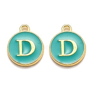 Golden Plated Alloy Enamel Charms, Enamelled Sequins, Flat Round with Alphabet, Letter.D, Green, 14x12x2mm, Hole: 1.5mm(X-ENAM-Q437-15D)