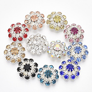 Silver Color Plated Brass Shank Buttons, with Rhinestone, 1-Hole, Flower, Mixed Color, 22x22x9mm, Hole: 1.2mm(RB-S066-09S)