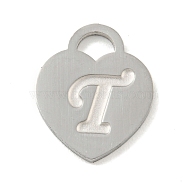 304 Stainless Steel Pendants, Laser Cut, Heart with Letter Charm, Stainless Steel Color, Letter T, 15x12x1mm, Hole: 3x3.5mm(FIND-M017-01P-T)