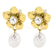 304 Stainless Steel Flower Stud Earrings, with ABS Plastic Imitation Pearl Beads, Real 14K Gold Plated, 36x19.5mm(EJEW-M233-01G)