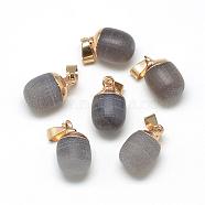 Natural Grey Agate Pendants, with Brass Findings, Frosted, Oval, Golden, 19x11~12mm, Hole: 7x4mm(G-Q494-07A)