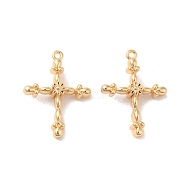 Brass Pendants, Cross with Flower Pattern Charm, Real 18K Gold Plated, 24x18x6mm, Hole: 1.2mm(KK-G468-11G)