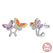 925 Sterling Silver Micro Pave Cubic Zirconia Stud Earrings, Butterfly, Colorful, Real Platinum Plated, 16x20.5mm(EJEW-K284-06P)