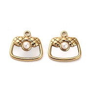304 Stainless Steel Pave Shell Bag Charms, with ABS Imitation Pearl Beads, Real 14K Gold Plated, 13.5x14.5x4.5mm, Hole: 1.6mm(STAS-L022-073G)