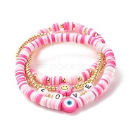 Handmade Polymer Clay Heishi Beads Stretch Bracelets Set, Love Word Acrylic Beads Bracelets, Smiling Face and Evil Eye Beads Lucky Bracelets, Brass Round Beads Bracelets for Women, Golden, Pink, Inner Diameter: 1-7/8~2 1/8 inch(4.8~5.3cm), 4pcs/set(BJEW-JB07406-03)