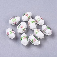 Handmade Silver Foil Glass Lampwork Beads, Oval with Flower, White, 16~17x9~11mm, Hole: 1.5~2mm(X-LAMP-Q030-02P)