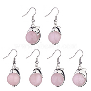 Natural Rose Quartz Dolphin Dangle Earrings with Crystal Rhinestone, Platinum Brass Jewelry for Women, 38mm, Pin: 0.6mm(EJEW-A092-20P-07)