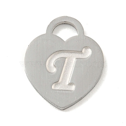 Non-Tarnish 304 Stainless Steel Pendants, Laser Cut, Heart with Letter Charm, Stainless Steel Color, Letter T, 15x12x1mm, Hole: 3x3.5mm(FIND-M017-01P-T)