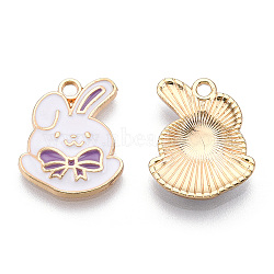 Eco-Friendly Zinc Alloy Pendants, with Enamel, Cadmium Free & Nickel Free & Lead Free, Rabbit with Bowknot, Light Gold, Medium Purple, 20x15x2.5mm, Hole: 2mm(FIND-N048-57B-NR)