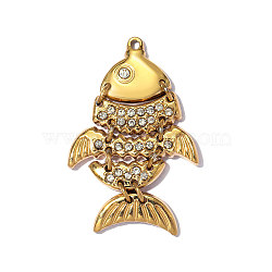 304 Stainless Steel with Crystal Rhinestone Pendants, Ion Plating(IP), Fish Charms, Mirror Polished Finish, Real 18K Gold Plated, 30x19mm, Hole: 1.2mm(RB-OY001-18G)