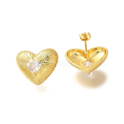 Rack Plating Heart Brass Clear Cubic Zirconia Stud Earrings, Lead Free & Cadmium Free, Long-Lasting Plated, Real 18K Gold Plated, 17.5x21.5mm(EJEW-I310-23G)