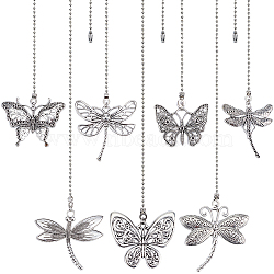 Tibetan Style Alloy Rhinestone Ceiling Fan Pull Chain Extenders, Butterfly & Dragonfly Pendant Decoration, with Iron Ball Chains, Antique Silver, 350~375mm, 8 style, 1pc/style, 8pcs/set(AJEW-AB00124)