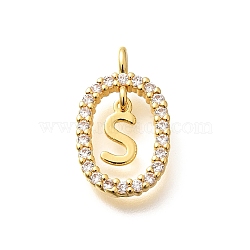 Brass Micro Pave Cubic Zirconia Pendants, Real 18K Gold Plated, Oval with Letter Charms, Letter S, 18.5x11x3.5mm, Hole: 2x1.5mm(ZIRC-P123-01G-S01)