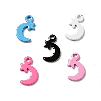 Spray Painted 201 Stainless Steel Charms, Moon with Star Charms, Mixed Color, 12x7x1mm, Hole: 1.2mm