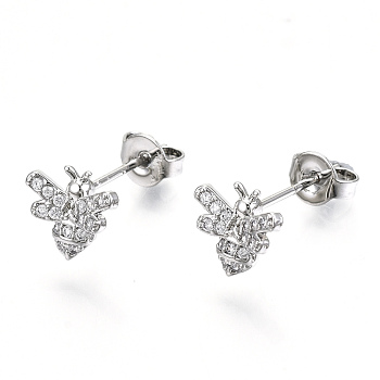 Brass Micro Pave Clear Cubic Zirconia Stud Earrings, with Ear Nuts, Nickel Free, Bees, Platinum, 8x8.5mm, Pin: 0.8mm