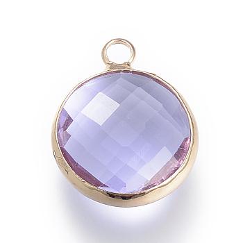 Glass Pendants, with Brass Findings, Faceted, Flat Round, Lilac, 9.5x6.5x2.5mm, Hole: 2mm