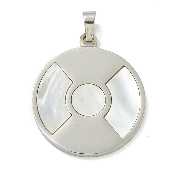 304 Stainless Steel Pave Natural Shell Pendants, Flat Round Charms, Stainless Steel Color, 34x29.5x2.5mm, Hole: 6x5mm