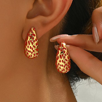 Vintage Roman Style Stainless Steel Enamel Teardrop Earrings for Women, Golden, Red, 27x12.6mm