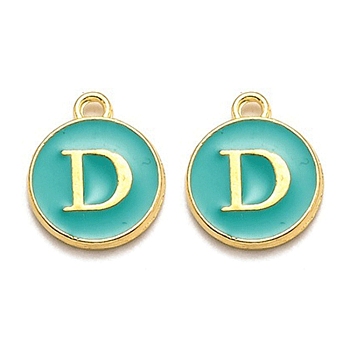 Golden Plated Alloy Enamel Charms, Enamelled Sequins, Flat Round with Alphabet, Letter.D, Green, 14x12x2mm, Hole: 1.5mm