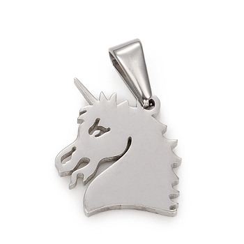 201 Stainless Steel Pendants, Unicorn, Stainless Steel Color, 18.5x15.5x1.5mm, Hole: 3.5x7.5mm