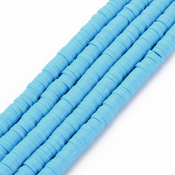 Handmade Polymer Clay Bead Strands, Heishi Beads, Disc/Flat Round, Light Sky Blue, 4x0.5~1mm, Hole: 1.5mm, about 320~447pcs/strand, 15.74~16.92 inch