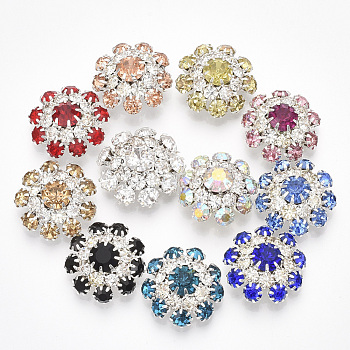 Silver Color Plated Brass Shank Buttons, with Rhinestone, 1-Hole, Flower, Mixed Color, 22x22x9mm, Hole: 1.2mm