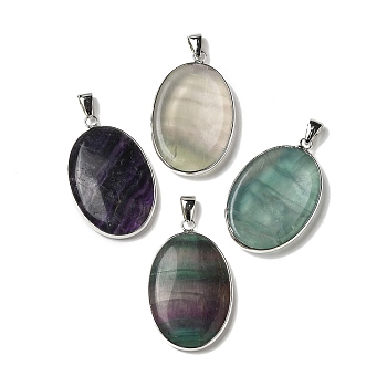 Natural Fluorite Pendants, Oval Charms with Platinum Plated Metal Findings, 39.5x26x6mm, Hole: 7.6x4mm