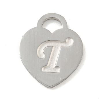 304 Stainless Steel Pendants, Laser Cut, Heart with Letter Charm, Stainless Steel Color, Letter T, 15x12x1mm, Hole: 3x3.5mm