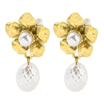 304 Stainless Steel Flower Stud Earrings, with ABS Plastic Imitation Pearl Beads, Real 14K Gold Plated, 36x19.5mm