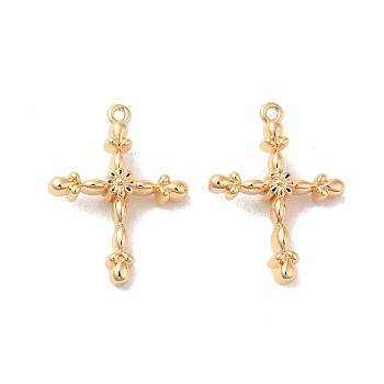 Brass Pendants, Cross with Flower Pattern Charm, Real 18K Gold Plated, 24x18x6mm, Hole: 1.2mm