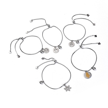 304 Stainless Steel Slider Bracelets, Charm Bracelets, with Box Chains, Mixed Shapes, Stainless Steel Color, 9-1/2 inch(24cm), Charm: 14~19x11.8~15x0.9~1.5mm