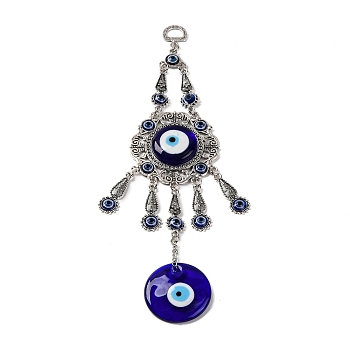 Blue Flat Round with Evil Eye Lampwork Pendant Decoration, Alloy Charms for Bag Hanging Ornaments, Antique Silver, 290mm, Hole: 13x9.5mm