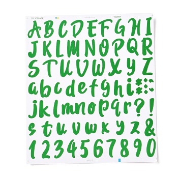 Number & Alphabet & Sign PVC Waterproof Self-Adhesive Sticker, for Gift Cards Decoration, Green, 21.5x18.5x0.02cm, Tags: 5~26x5~20mm, 72pcs/sheet