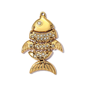 304 Stainless Steel with Crystal Rhinestone Pendants, Ion Plating(IP), Fish Charms, Mirror Polished Finish, Real 18K Gold Plated, 30x19mm, Hole: 1.2mm