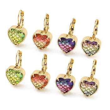 Glass Leverback Earrings, with Brass Findings, Heart, Mixed Color, 25.5x14mm