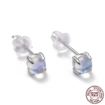 925 Sterling Silver Stud Earrings, Half Round Synthetic Moonstone Dainty Earrings for Girl Women, Platinum, 4x4x4mm, Pin: 0.8mm