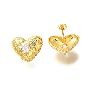 Rack Plating Heart Brass Clear Cubic Zirconia Stud Earrings, Lead Free & Cadmium Free, Long-Lasting Plated, Real 18K Gold Plated, 17.5x21.5mm