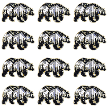 12Pcs Alloy Enamel Brooches, Enamel Pin, with Butterfly Clutches, Bear with Snow Mountain, Black, Golden, 17.5x28.5mm