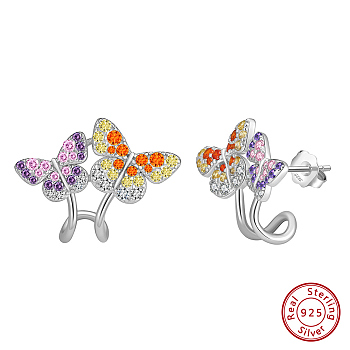 925 Sterling Silver Micro Pave Cubic Zirconia Stud Earrings, Butterfly, Colorful, Real Platinum Plated, 16x20.5mm