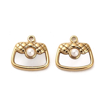 304 Stainless Steel Pave Shell Bag Charms, with ABS Imitation Pearl Beads, Real 14K Gold Plated, 13.5x14.5x4.5mm, Hole: 1.6mm