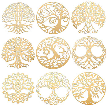 9Pcs 9 Style Custom Carbon Steel Self-adhesive Picture Stickers, Flat Round with Mixed Patterns, Golden, Tree of Life Pattern, 40x40mm, 1pc/style