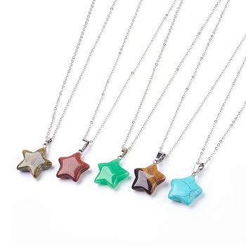 Natural & Synthetic Gemstone Pendant Necklaces, with Brass Chains, Star, 17.3 inch(44cm), 1.5mm
