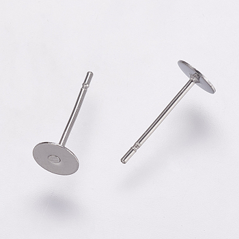 304 Stainless Steel Stud Earring Settings, Flat Pad Earring Post, Flat Round, Stainless Steel Color, Tray: 5mm, 12x5mm, Pin: 0.7mm