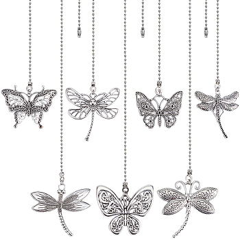 Tibetan Style Alloy Rhinestone Ceiling Fan Pull Chain Extenders, Butterfly & Dragonfly Pendant Decoration, with Iron Ball Chains, Antique Silver, 350~375mm, 8 style, 1pc/style, 8pcs/set