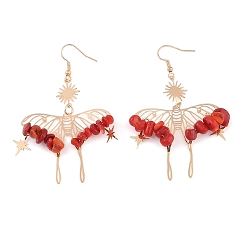 Synthetic Coral Chips Dangle Earrings, Bohemian Hollow Butterfly Brass Jewelry for Women, 75x46mm